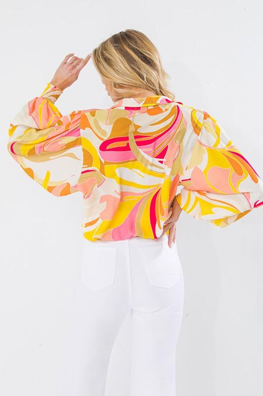 abstract print bubble sleeve button down blouse - RK Collections Boutique