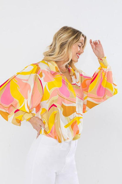 abstract print bubble sleeve button down blouse - RK Collections Boutique
