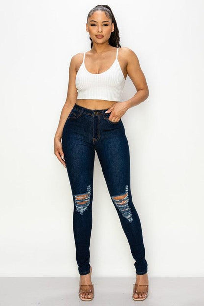 LO-204 High rise stretch ripped knee skinny jeans - RK Collections Boutique
