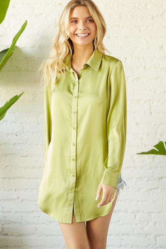 side slit button down satin blouse - RK Collections Boutique