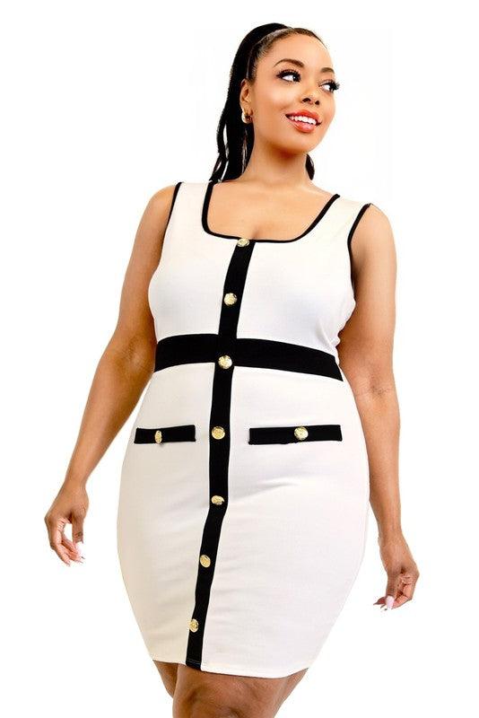 PLUS black & white gold button trim mini dress - RK Collections Boutique