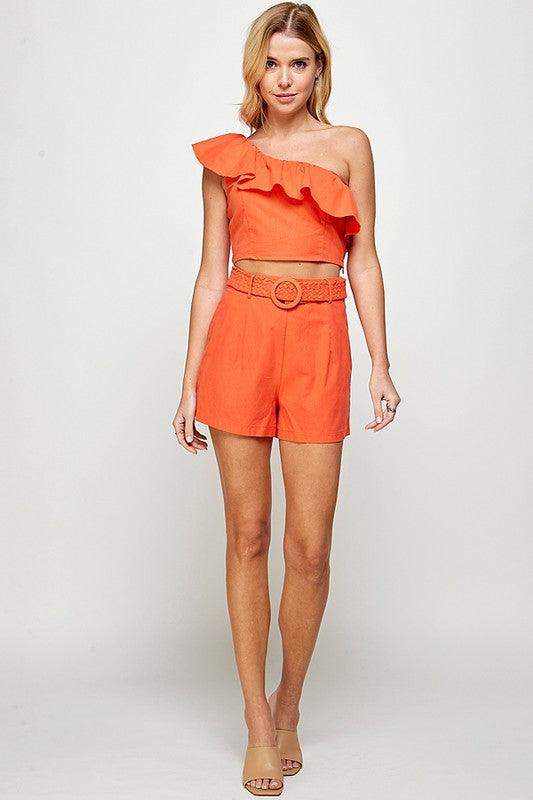 2pc set- One Shoulder ruffle top & high waist belted shorts - alomfejto