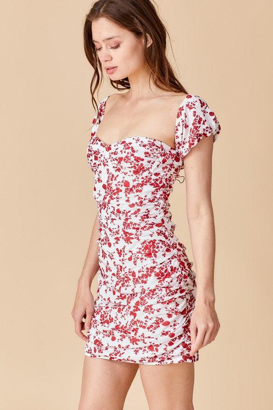 off the shoulder ruched mini floral dress