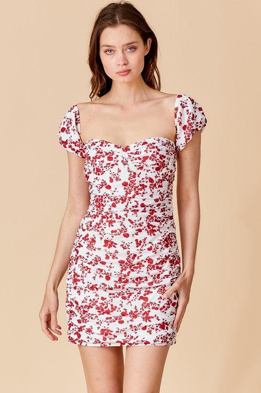 off the shoulder ruched mini floral dress