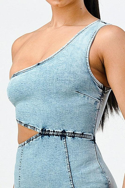 denim one shoulder dress w/side cut-out - alomfejto