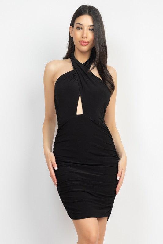 double jersey cross over halter ruched dress