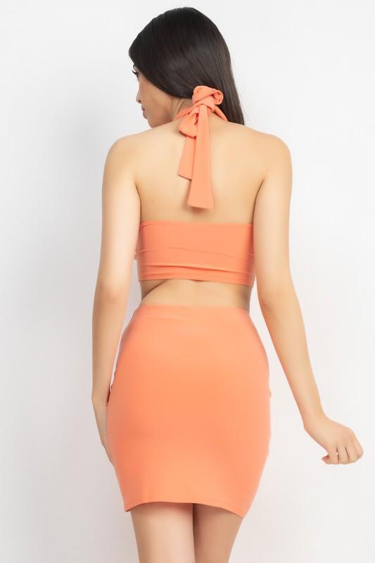 2pc Set-Halter Crop Top and Shirred Mini Skirt