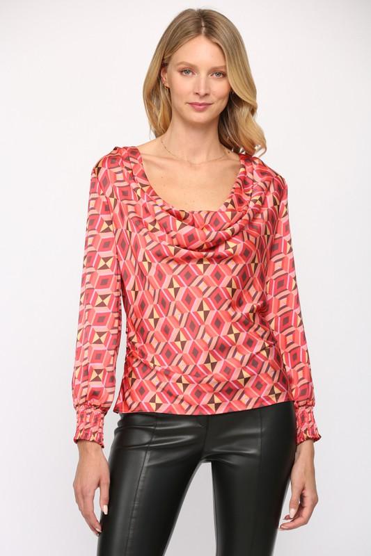 print satin cowl neck long sleeve blouse - RK Collections Boutique