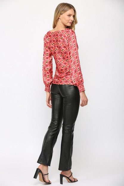 print satin cowl neck long sleeve blouse - RK Collections Boutique