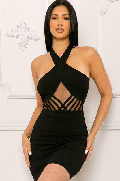 sheer panel halter mini dress - RK Collections Boutique
