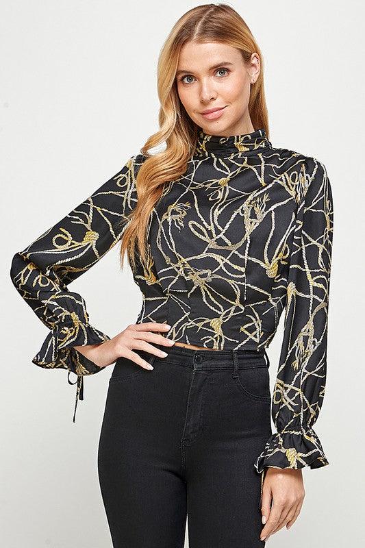 Rope print high neck long sleeve blouse - RK Collections Boutique