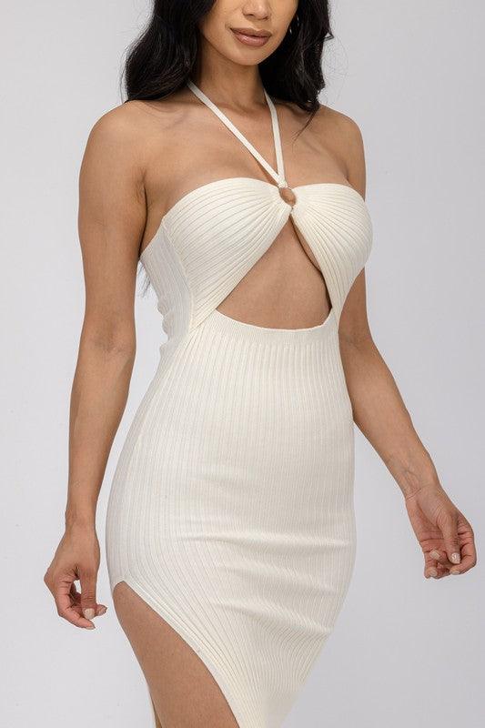 ribbed o ring bodycon halter dress w/ slit - RK Collections Boutique
