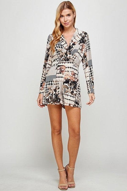 patchwork houndstooth collared long sleeve surplice romper - alomfejto