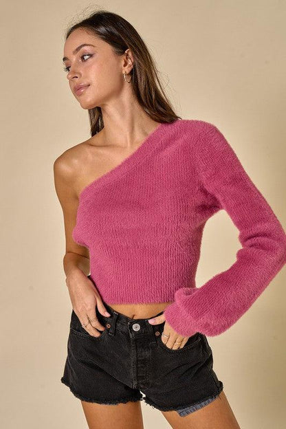 open back one sleeve fuzzy crop sweater - alomfejto