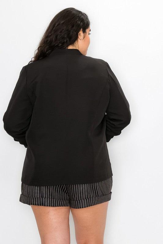 PLUS ruched 3/4 sleeve open front blazer