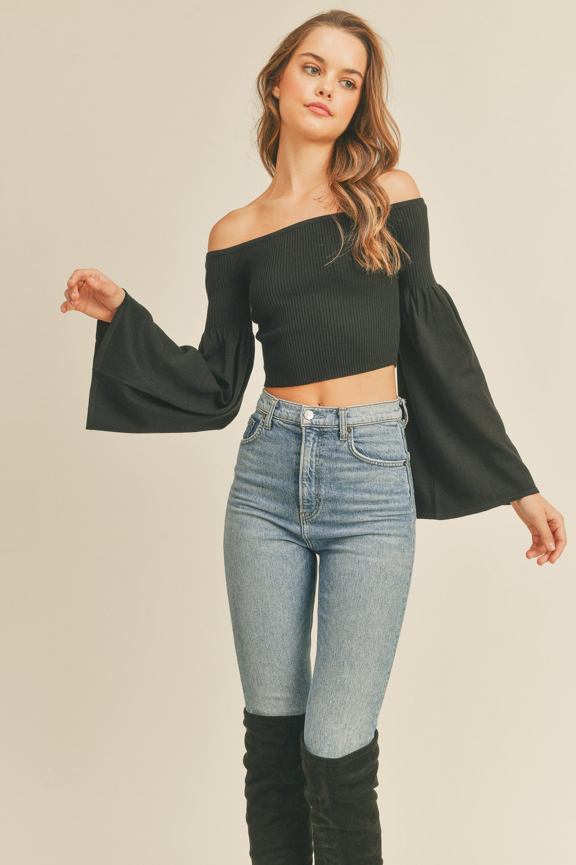 knit bell sleeve off the shoulder crop top - RK Collections Boutique