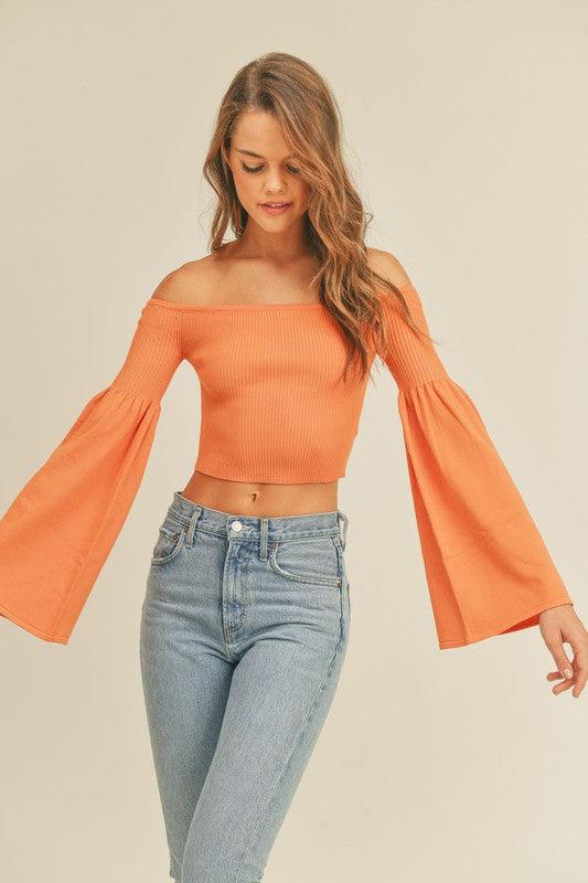 knit bell sleeve off the shoulder crop top