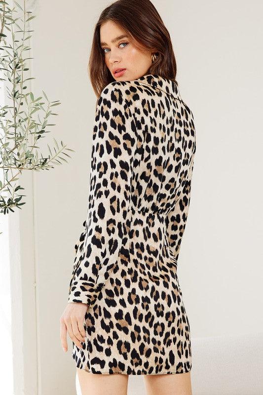 long sleeve leopard surplice dress