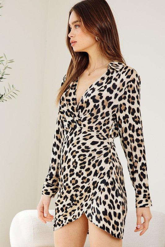 long sleeve leopard surplice dress