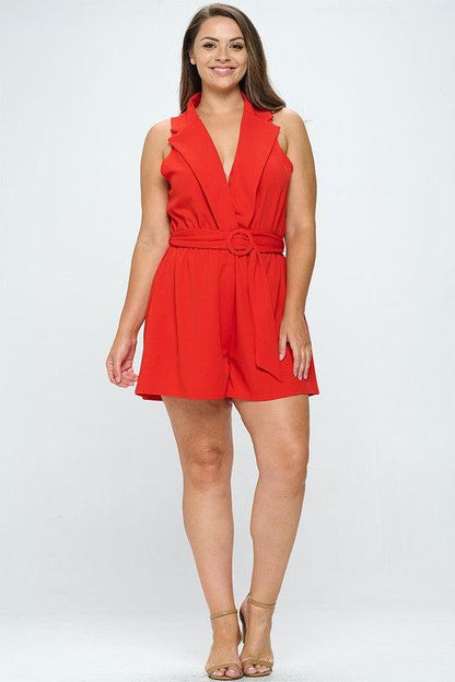 PLUS Sleeveless Solid Romper w/ Belt - RK Collections Boutique