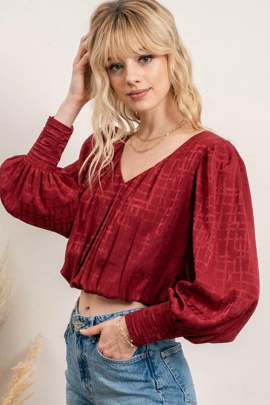 satin long sleeve check crop blouse - RK Collections Boutique