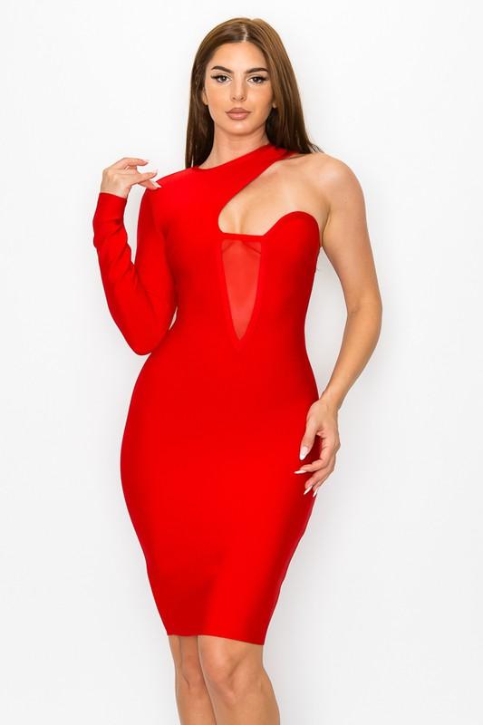sheer inset one sleeve bandage dress - RK Collections Boutique