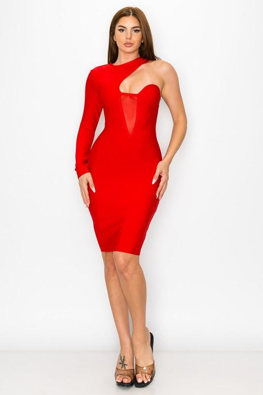 sheer inset one sleeve bandage dress - RK Collections Boutique