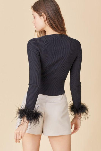 feather cuff ribbed long sleeve top - RK Collections Boutique