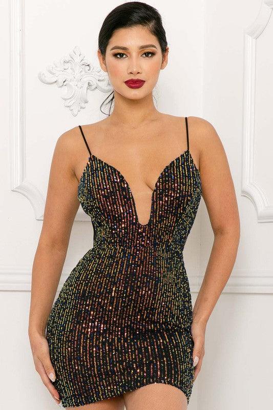 sequin deep plunge tie back sleeveless mini dress Black/Iridescent / MEDIUM sequin deep plunge tie back sleeveless mini dress Black/Iridescent / MEDIUM