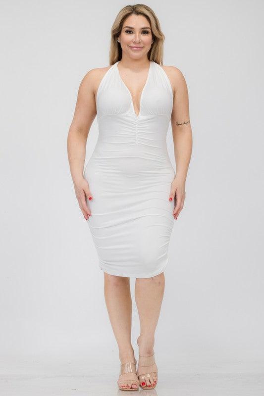 PLUS Plunging Neck Ruched Bodycon Mini Dress - RK Collections Boutique