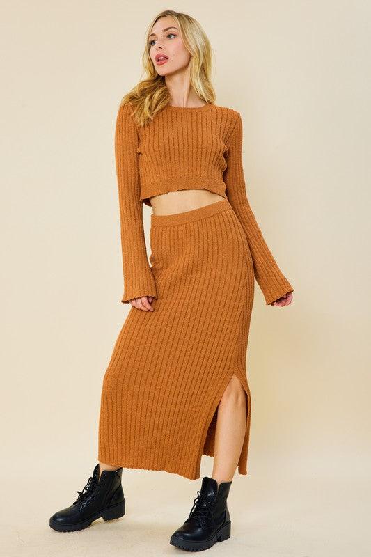 ribbed sweater midi skirt w/ slit - RK Collections Boutique