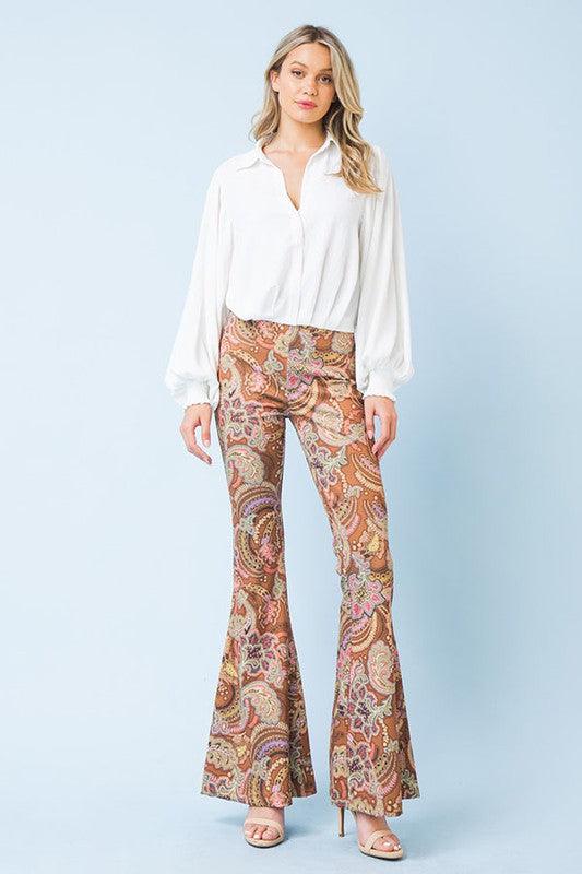 Jeans & Trousers | Red Printed High Waist Bell Bottom Pants | Freeup