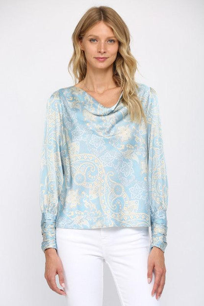 satin cowl neck long sleeve paisley blouse - RK Collections Boutique