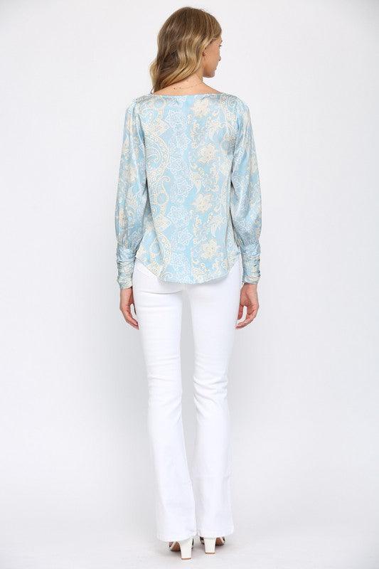satin cowl neck long sleeve paisley blouse - RK Collections Boutique