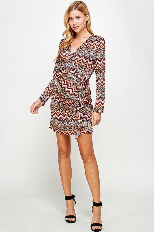 long sleeve wavy print surplice dress - RK Collections Boutique