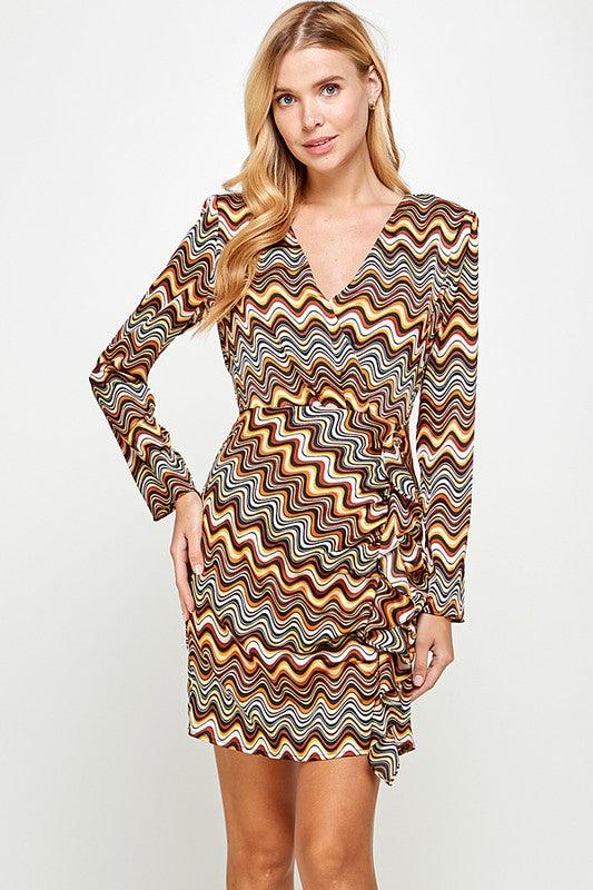 long sleeve wavy print surplice dress - RK Collections Boutique