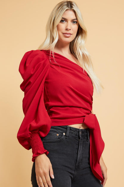 one shoulder puff sleeve top w/ side tie - RK Collections Boutique