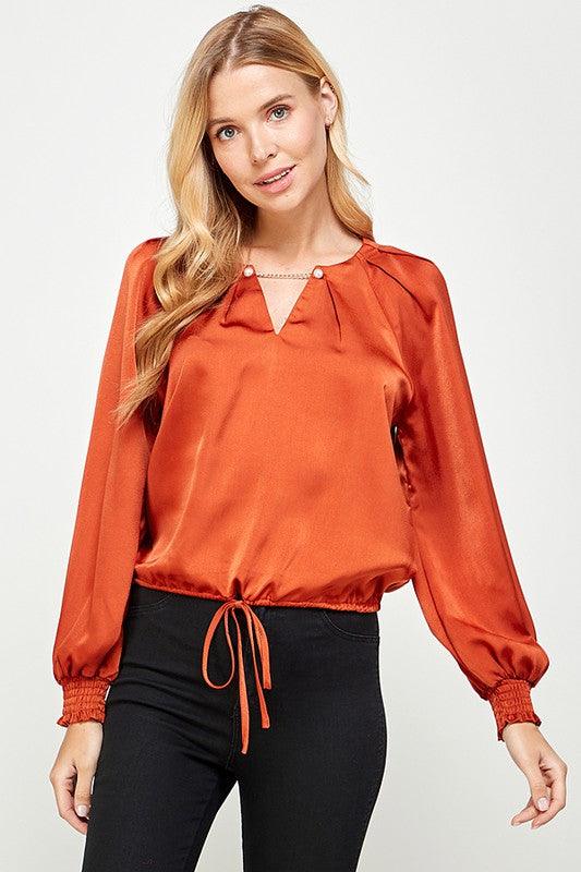 chain/pearl satin long sleeve top - RK Collections Boutique