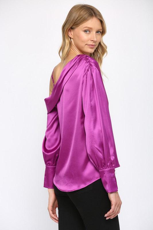 relaxed satin off one shoulder top