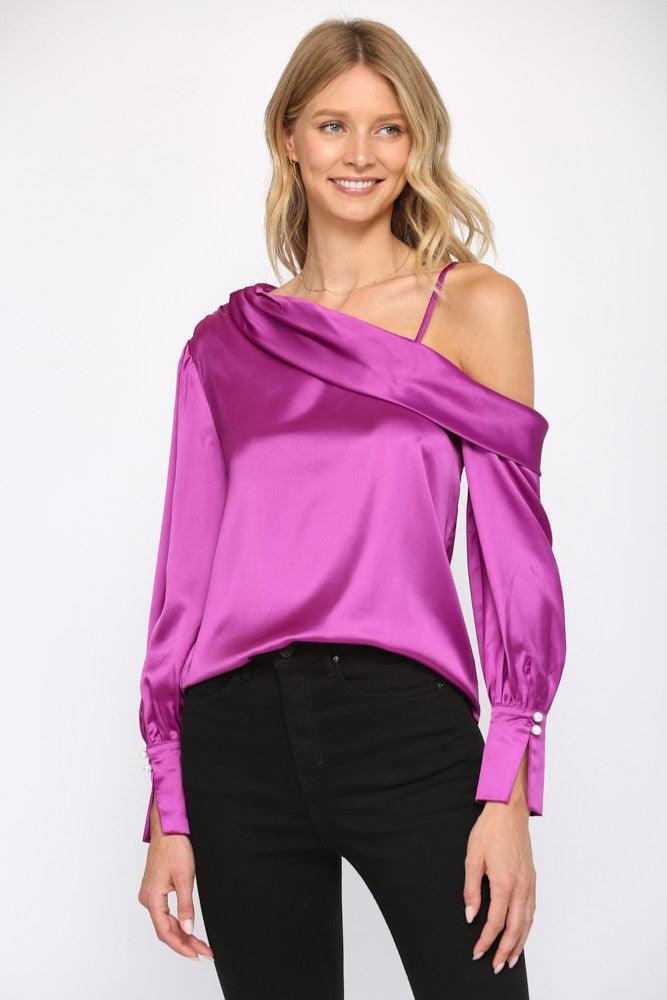 relaxed satin off one shoulder top