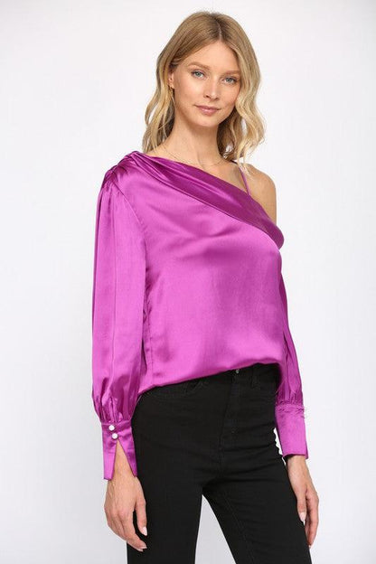 relaxed satin off one shoulder top - RK Collections Boutique