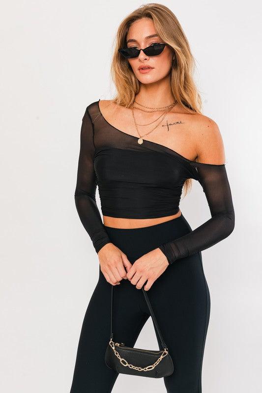 mesh off one shoulder crop top - RK Collections Boutique