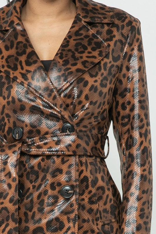 shiny coated leopard trench coat