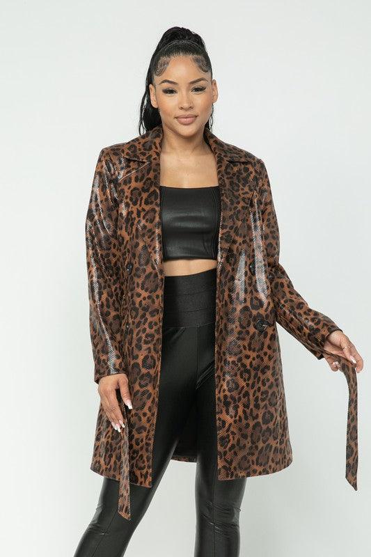 shiny coated leopard trench coat - alomfejto