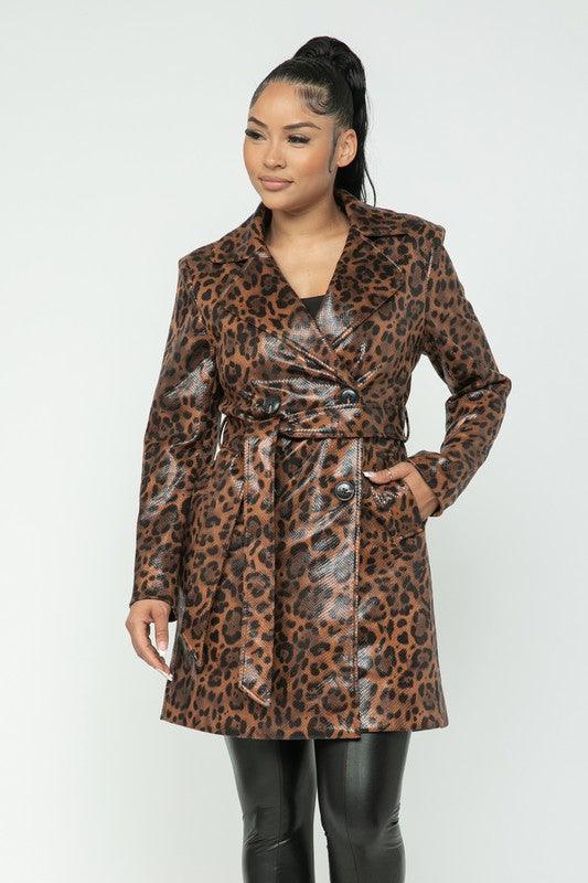 shiny coated leopard trench coat