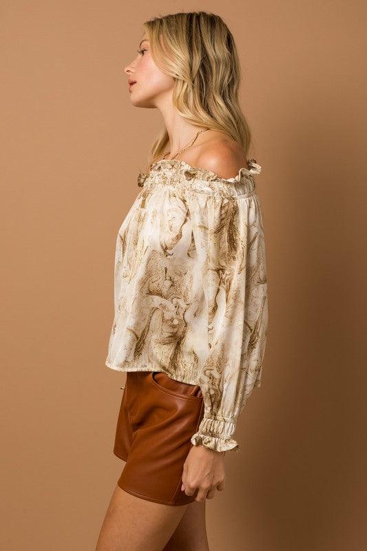 off the shoulder marble print long sleeve top - RK Collections Boutique