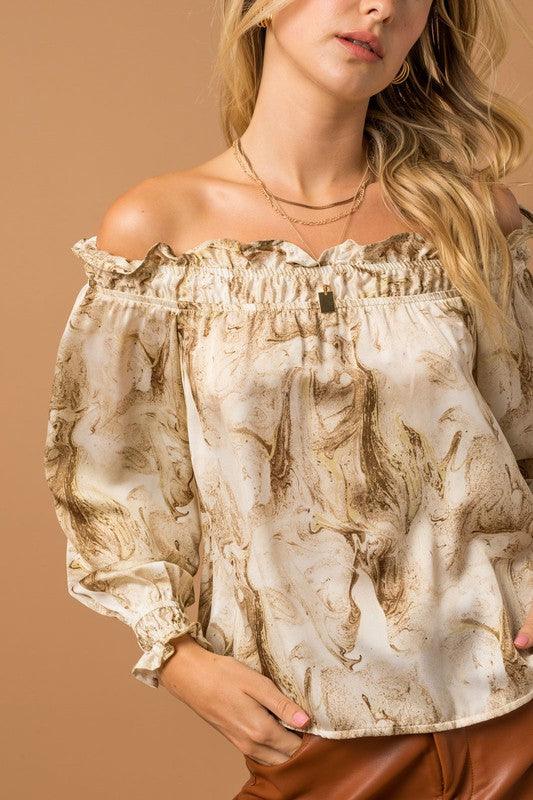 off the shoulder marble print long sleeve top - RK Collections Boutique