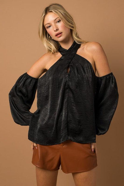 satin long sleeve cold shoulder cross over halter top - RK Collections Boutique