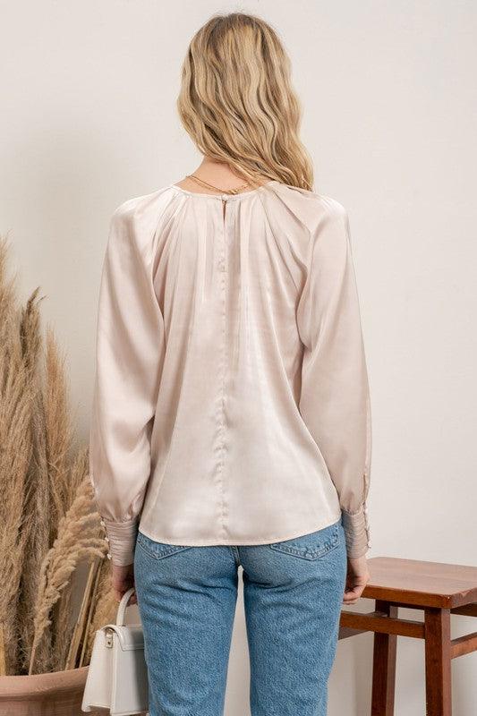 satin crew neck button cuff blouse - RK Collections Boutique