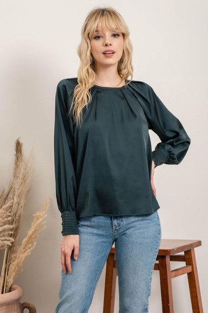 satin crew neck button cuff blouse - RK Collections Boutique